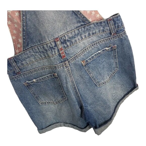 LEI Denim Overall Shorts Size L Patriotic Flag Peace Apple Patch Back To School - Picture 6 of 10